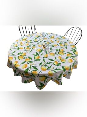 Lemon Pattern Round Tablecloth in White, Yellow & Green